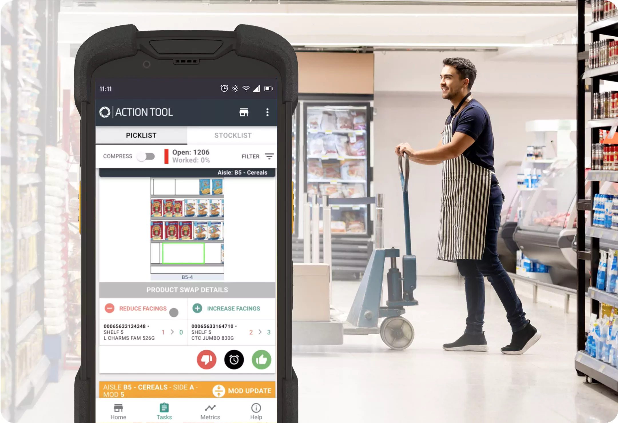 Iphone in front of grocery store worker