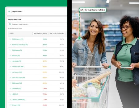 Woman shopping being helped by a employee in the grocery aisle using Focal App